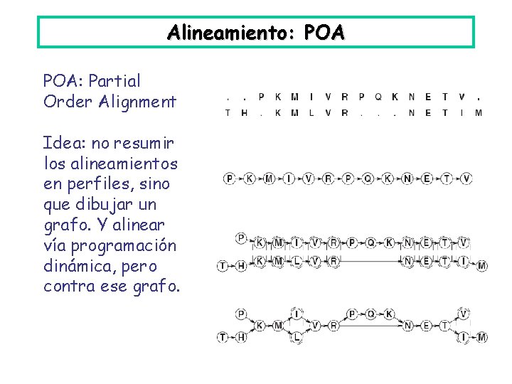 Alineamiento: POA: Partial Order Alignment Idea: no resumir los alineamientos en perfiles, sino que