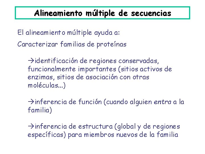 Alineamiento múltiple de secuencias El alineamiento múltiple ayuda a: Caracterizar familias de proteínas identificación