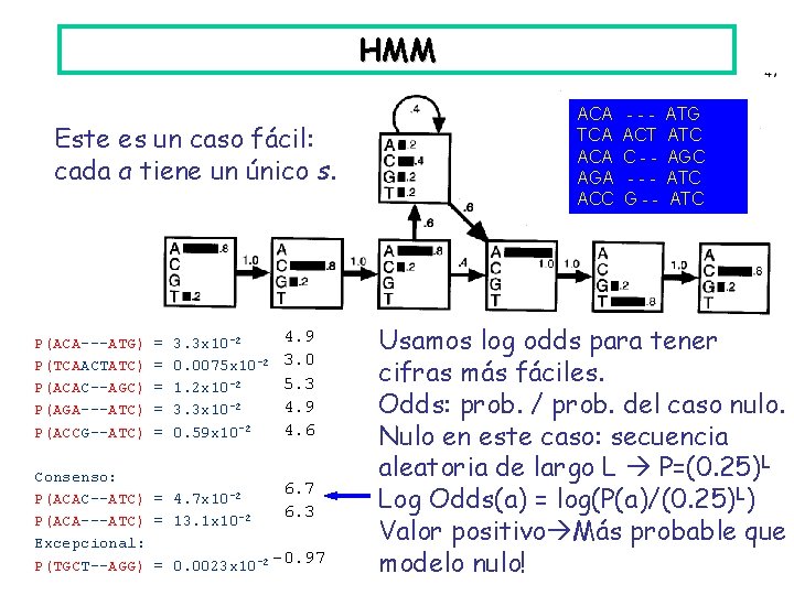 HMM Este es un caso fácil: cada a tiene un único s. P(ACA---ATG) P(TCAACTATC)