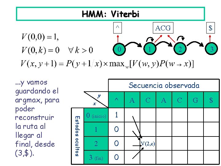 HMM: Viterbi ^ ACG 0 2 3 Secuencia observada y Estados ocultos . .