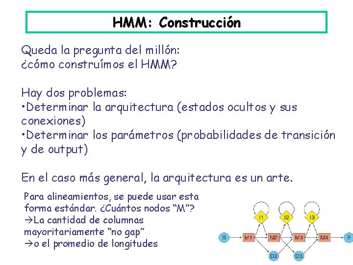 HMM: Construcción Queda la pregunta del millón: ¿cómo construímos el HMM? Hay dos problemas: