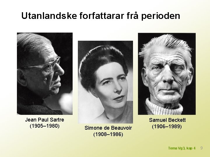 Utanlandske forfattarar frå perioden Jean Paul Sartre (1905– 1980) Simone de Beauvoir (1908– 1986)