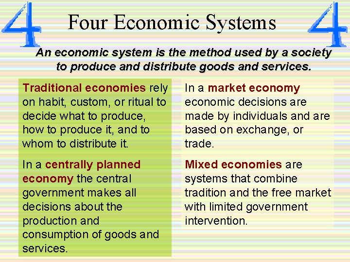 Four Economic Systems An economic system is the method used by a society to