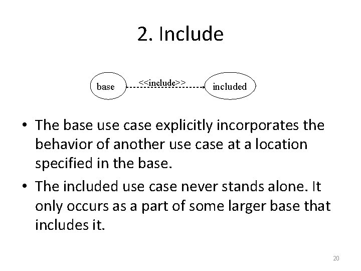 2. Include base <<include>> included • The base use case explicitly incorporates the behavior