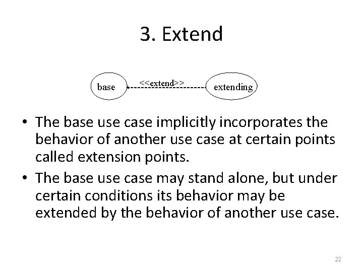 3. Extend base <<extend>> extending • The base use case implicitly incorporates the behavior