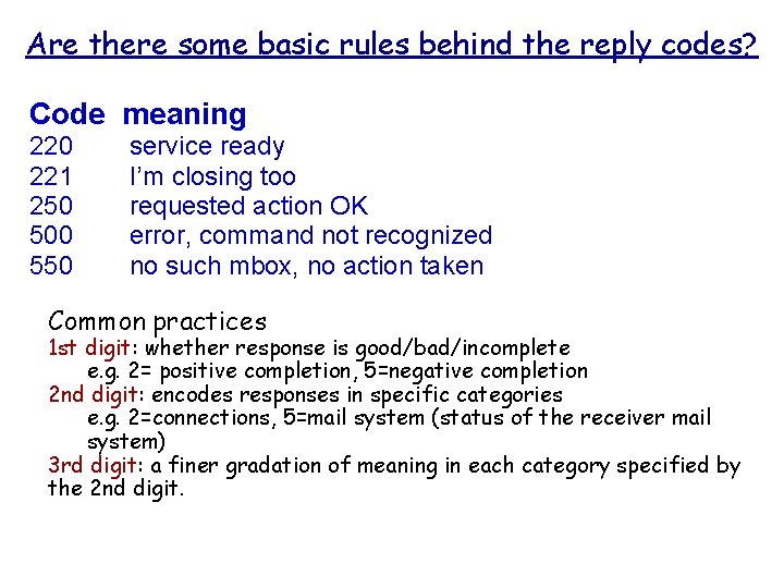 Are there some basic rules behind the reply codes? Code meaning 220 221 250