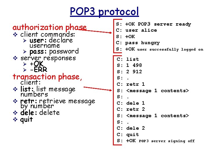 POP 3 protocol authorization phase v client commands: user: declare username Ø pass: password