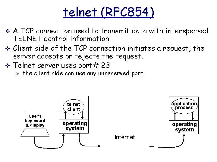 telnet (RFC 854) v A TCP connection used to transmit data with interspersed TELNET