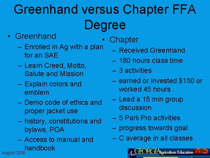 Greenhand versus Chapter FFA Degree • Greenhand • Chapter – Enrolled in Ag with