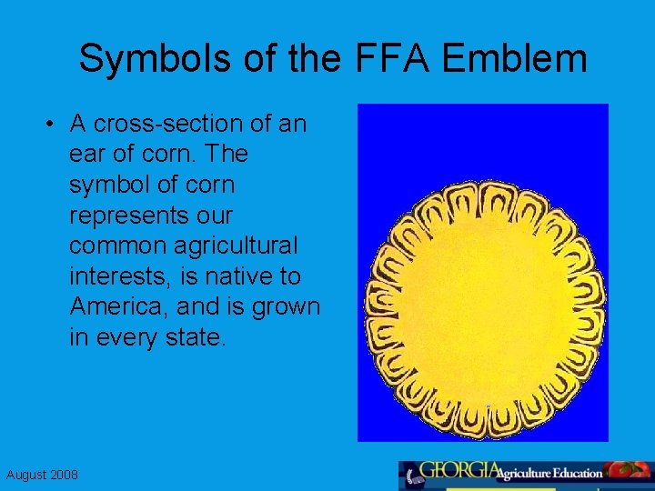 Symbols of the FFA Emblem • A cross-section of an ear of corn. The