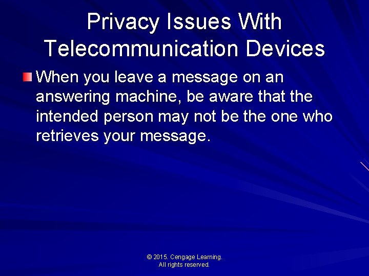 Privacy Issues With Telecommunication Devices When you leave a message on an answering machine,