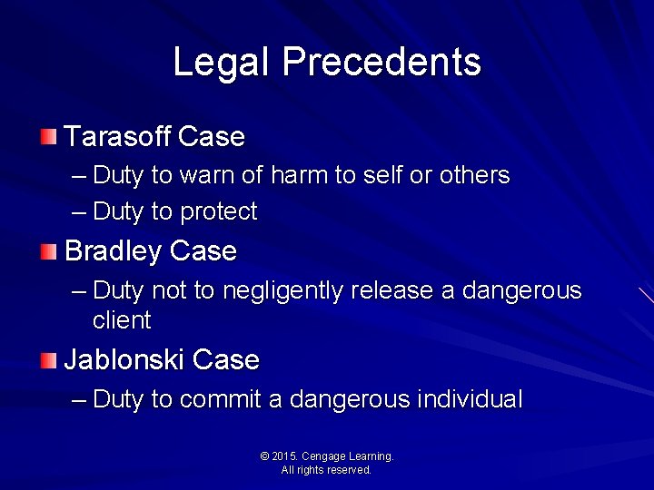 Legal Precedents Tarasoff Case – Duty to warn of harm to self or others