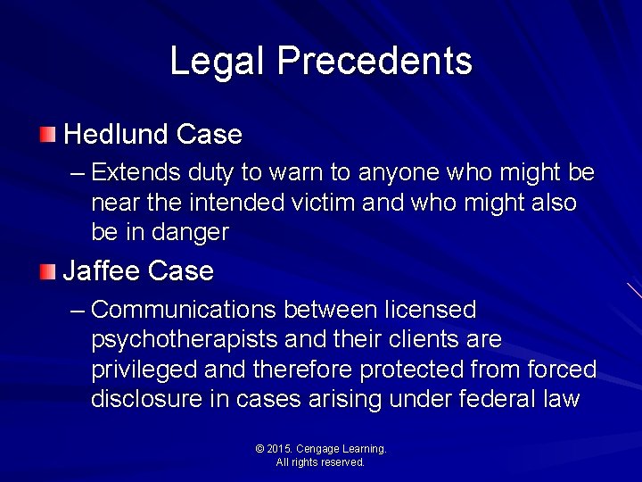Legal Precedents Hedlund Case – Extends duty to warn to anyone who might be