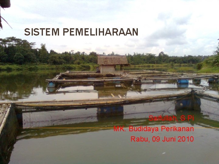 SISTEM PEMELIHARAAN Saifullah, S. Pi MK. Budidaya Perikanan Rabu, 09 Juni 2010 