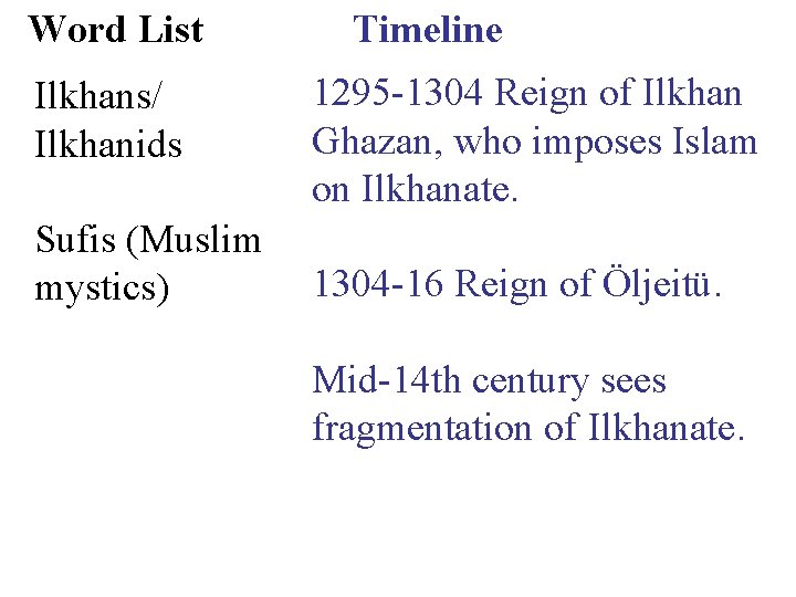 Word List Ilkhans/ Ilkhanids Sufis (Muslim mystics) Timeline 1295 -1304 Reign of Ilkhan Ghazan,