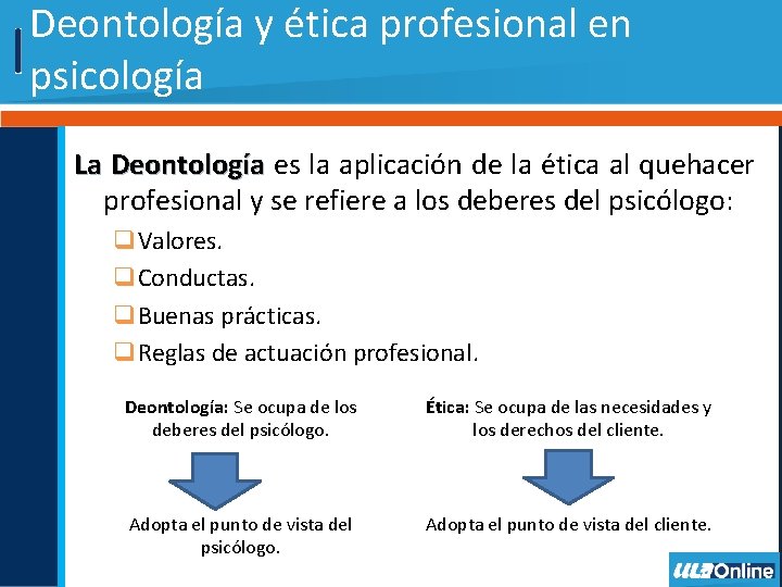 Deontología y ética profesional en psicología La Deontología es la aplicación de la ética