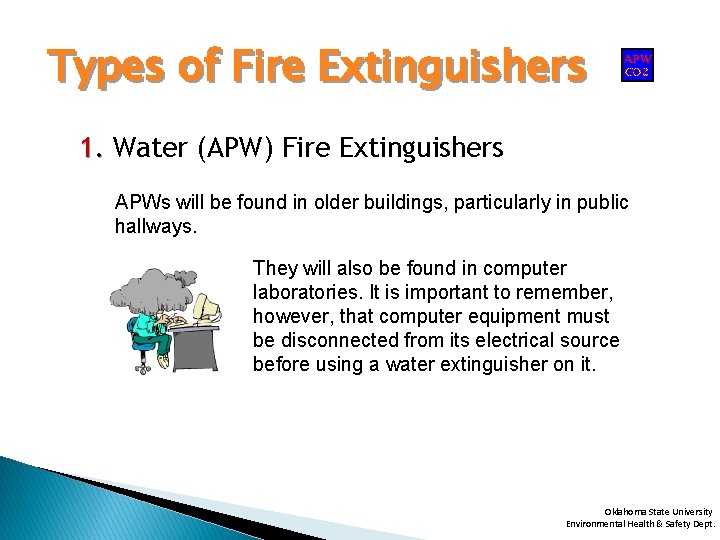 Types of Fire Extinguishers 1. Water (APW) Fire Extinguishers APWs will be found in