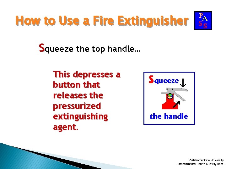 How to Use a Fire Extinguisher Squeeze the top handle… This depresses a button