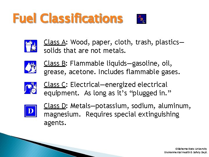 Fuel Classifications Class A: Wood, paper, cloth, trash, plastics— solids that are not metals.