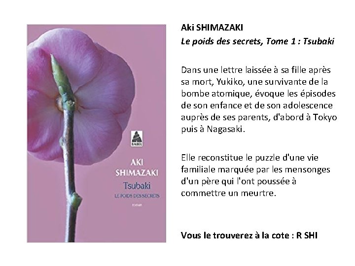 Aki SHIMAZAKI Le poids des secrets, Tome 1 : Tsubaki Dans une lettre laissée