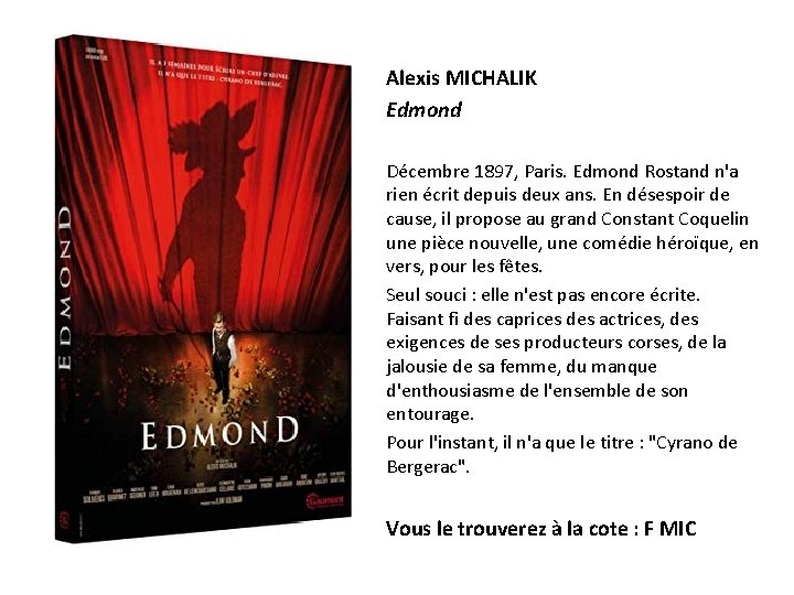 Alexis MICHALIK Edmond Décembre 1897, Paris. Edmond Rostand n'a rien écrit depuis deux ans.