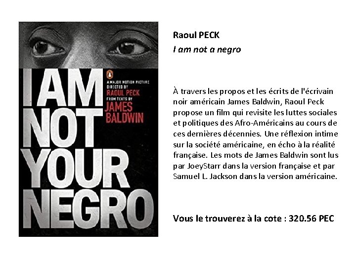 Raoul PECK I am not a negro À travers les propos et les écrits