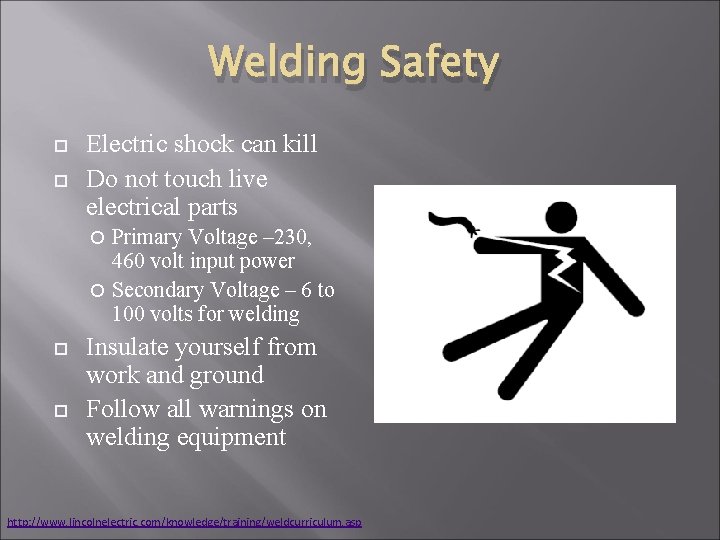 Welding Safety Electric shock can kill Do not touch live electrical parts Primary Voltage