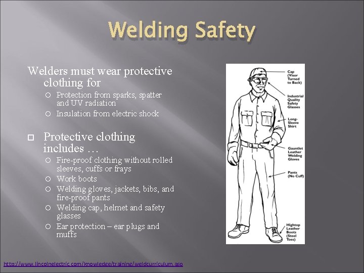 Welding Safety Welders must wear protective clothing for Protection from sparks, spatter and UV