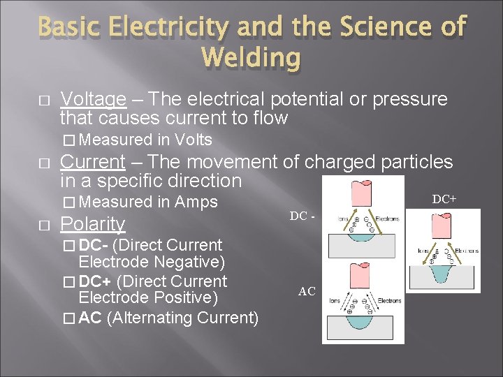 Basic Electricity and the Science of Welding � Voltage – The electrical potential or