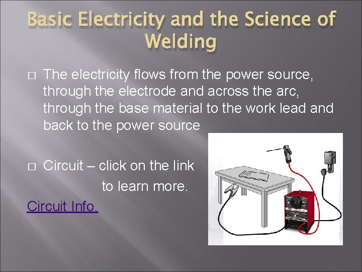 Basic Electricity and the Science of Welding � The electricity flows from the power