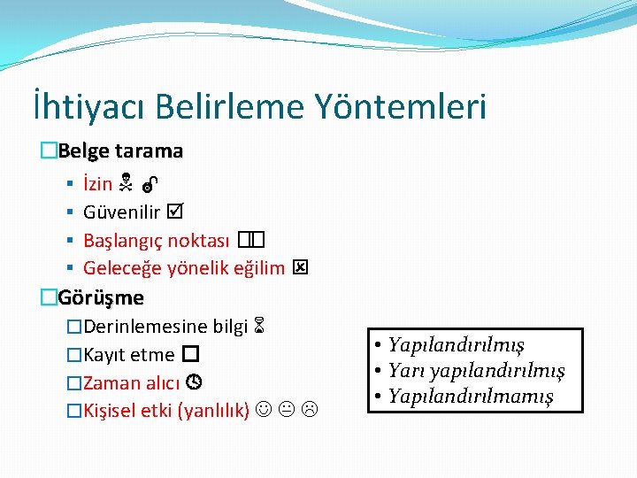 İhtiyacı Belirleme Yöntemleri �Belge tarama § İzin § Güvenilir § Başlangıç noktası � �