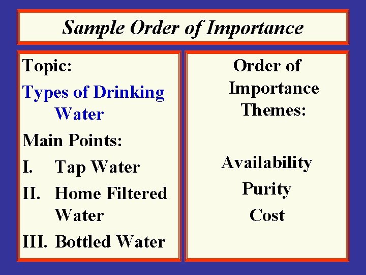 Sample Order of Importance Topic: Types of Drinking Water Main Points: I. Tap Water