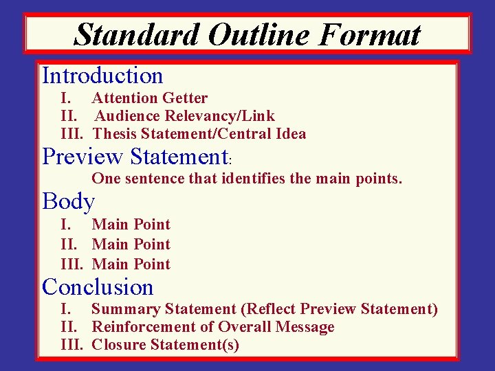 Standard Outline Format Introduction I. Attention Getter II. Audience Relevancy/Link III. Thesis Statement/Central Idea