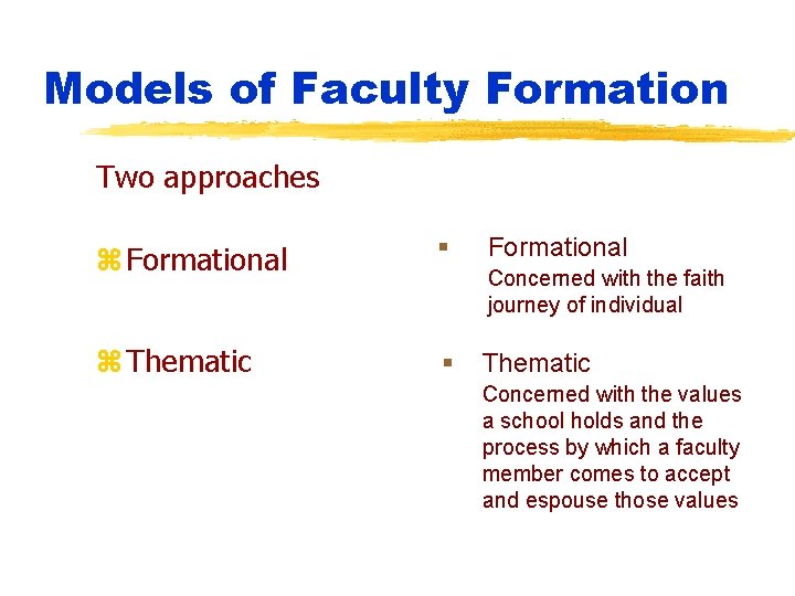 Models of Faculty Formation Two approaches z Formational § z Thematic § Formational Concerned