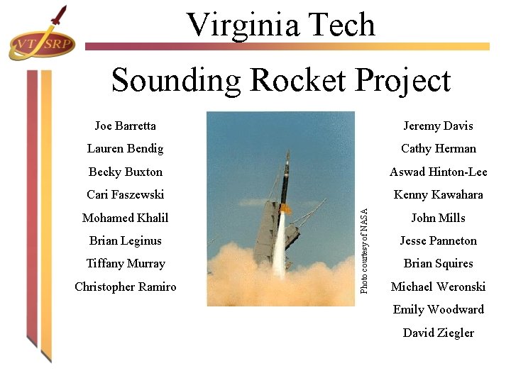 Virginia Tech Sounding Rocket Project Jeremy Davis Lauren Bendig Cathy Herman Becky Buxton Aswad Virginia Tech Sounding Rocket Project Jeremy Davis Lauren Bendig Cathy Herman Becky Buxton Aswad