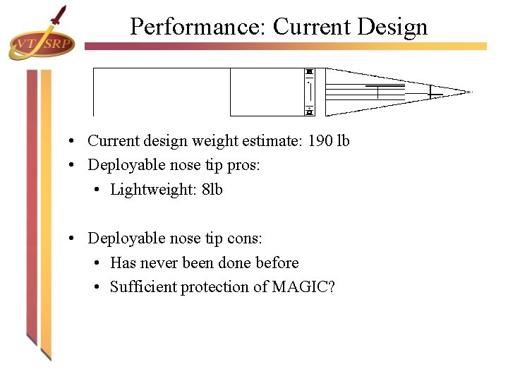 Performance: Current Design • Current design weight estimate: 190 lb • Deployable nose tip Performance: Current Design • Current design weight estimate: 190 lb • Deployable nose tip