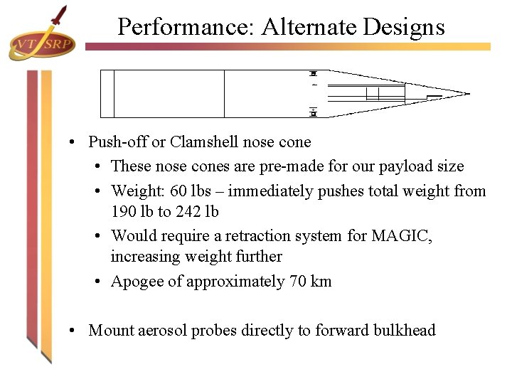 Performance: Alternate Designs • Push-off or Clamshell nose cone • These nose cones are Performance: Alternate Designs • Push-off or Clamshell nose cone • These nose cones are