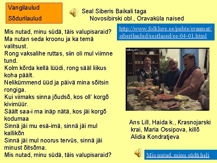 Vangilaulud Sõdurilaulud Seal Siberis Baikali taga Novosibirski obl. , Oravaküla naised Mis nutad, minu