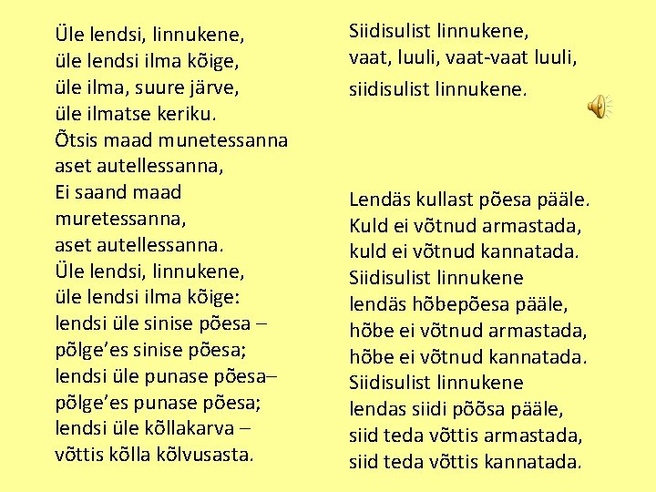 Üle lendsi, linnukene, üle lendsi ilma kõige, üle ilma, suure järve, üle ilmatse keriku.