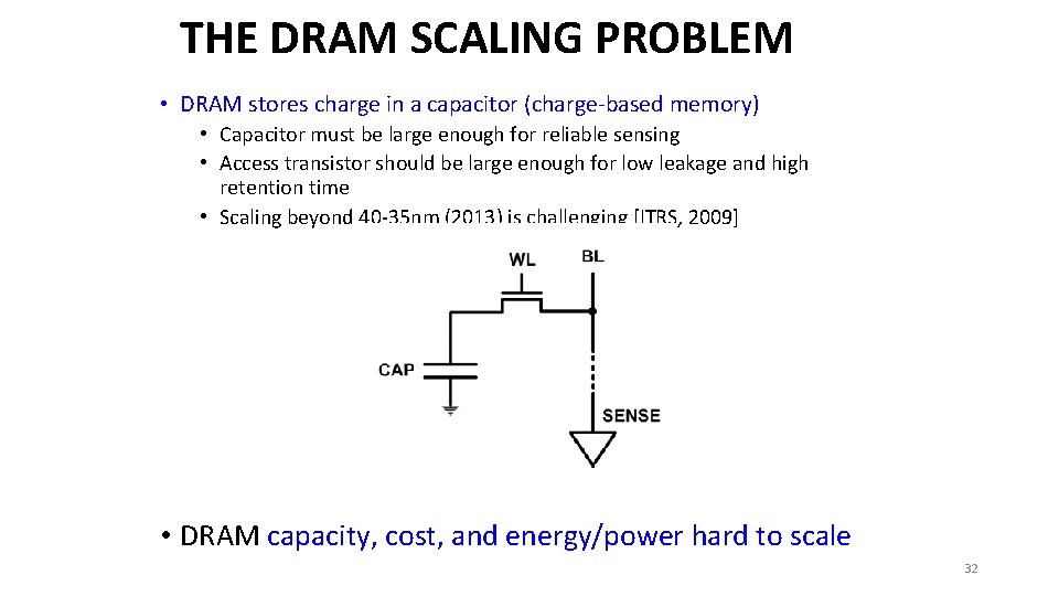 THE DRAM SCALING PROBLEM • DRAM stores charge in a capacitor (charge-based memory) •