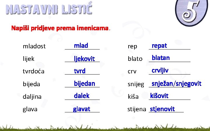 Napiši pridjeve prema imenicama. mladost mlad _____ repat ______ lijek ljekovit _____ blatan blato