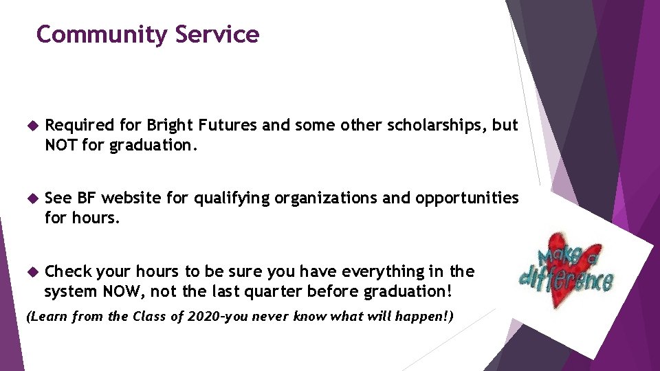 Community Service Required for Bright Futures and some other scholarships, but NOT for graduation.