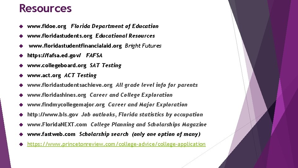 Resources www. fldoe. org Florida Department of Education www. floridastudents. org Educational Resources www.
