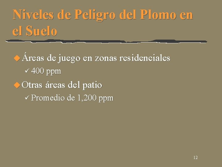 Niveles de Peligro del Plomo en el Suelo u Áreas de juego en zonas