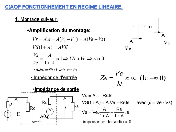 C)AOP FONCTIONNEMENT EN REGIME LINEAIRE. 1. Montage suiveur. • Amplification du montage: • Autre C)AOP FONCTIONNEMENT EN REGIME LINEAIRE. 1. Montage suiveur. • Amplification du montage: • Autre