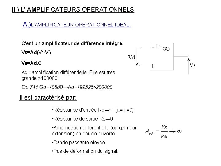 II. ) L’ AMPLIFICATEURS OPERATIONNELS A. )L'AMPLIFICATEUR OPERATIONNEL IDEAL. C'est un amplificateur de différence II. ) L’ AMPLIFICATEURS OPERATIONNELS A. )L'AMPLIFICATEUR OPERATIONNEL IDEAL. C'est un amplificateur de différence