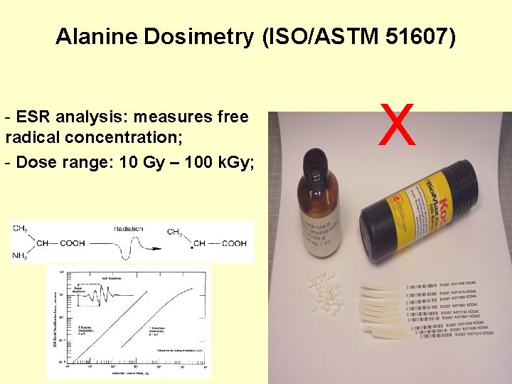 Alanine Dosimetry (ISO/ASTM 51607) - ESR analysis: measures free radical concentration; - Dose range: Alanine Dosimetry (ISO/ASTM 51607) - ESR analysis: measures free radical concentration; - Dose range: