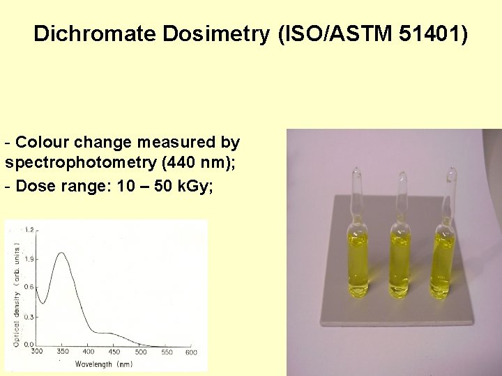 Dichromate Dosimetry (ISO/ASTM 51401) - Colour change measured by spectrophotometry (440 nm); - Dose Dichromate Dosimetry (ISO/ASTM 51401) - Colour change measured by spectrophotometry (440 nm); - Dose