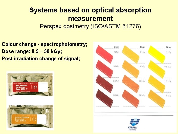 Systems based on optical absorption measurement Perspex dosimetry (ISO/ASTM 51276) Colour change - spectrophotometry; Systems based on optical absorption measurement Perspex dosimetry (ISO/ASTM 51276) Colour change - spectrophotometry;
