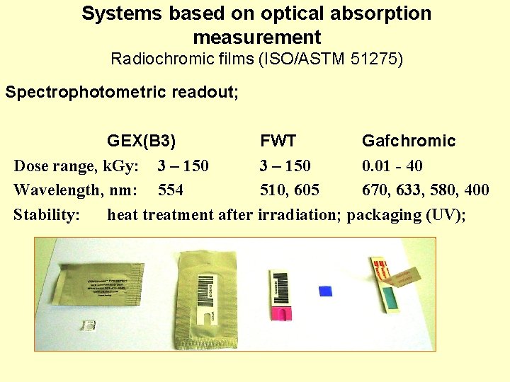 Systems based on optical absorption measurement Radiochromic films (ISO/ASTM 51275) Spectrophotometric readout; GEX(B 3) Systems based on optical absorption measurement Radiochromic films (ISO/ASTM 51275) Spectrophotometric readout; GEX(B 3)